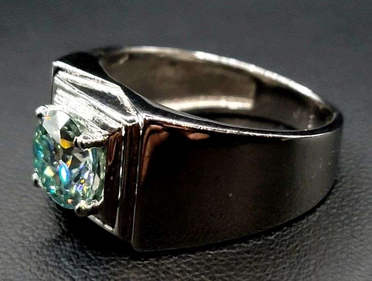 14 Kt White Gold Plate Men's Sparkling 2.35 Ct Mint Green Fire Moissanite Ring