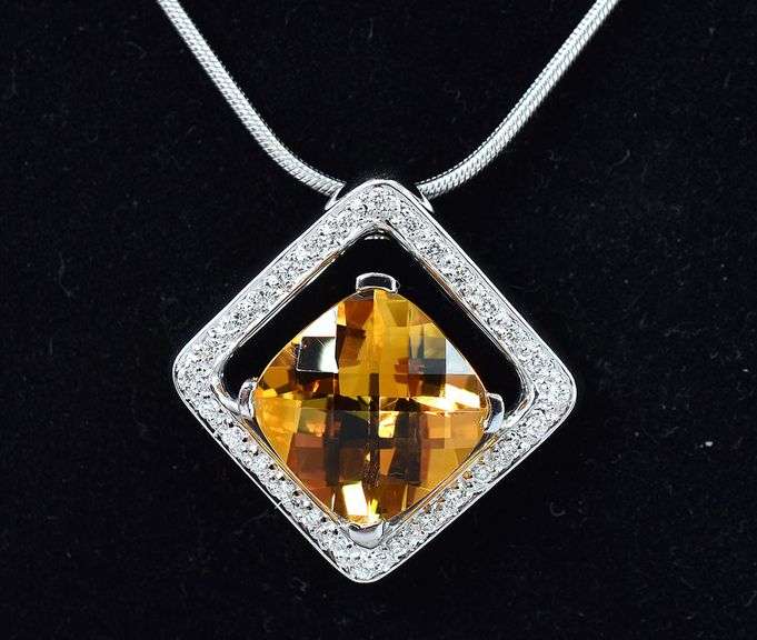 Timeless 14K White Gold Citrine and Diamond Pendant Necklace