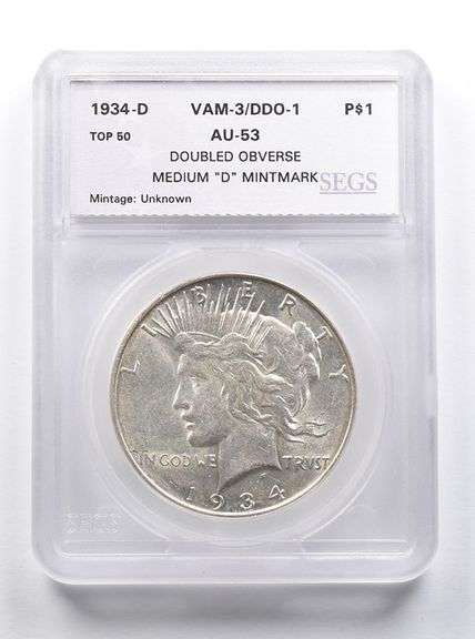 AU53 1934-D Peace Silver $1 VAM 3/DDO 1 Double OBV Med D Mintmark SEGS