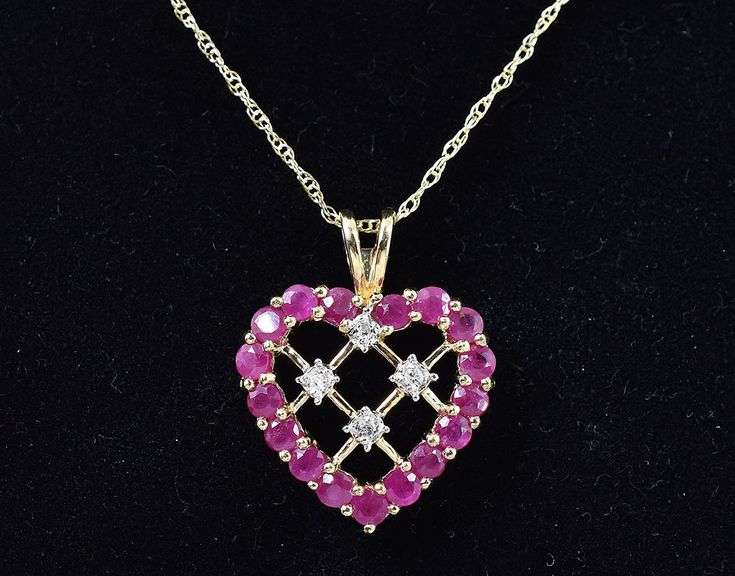 Stunning 10K Yellow Gold Ruby and Diamond Heart Pendant Necklace