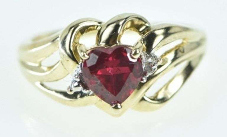 10K Yellow Gold Heart Syn. Ruby Diamond Accent Ring