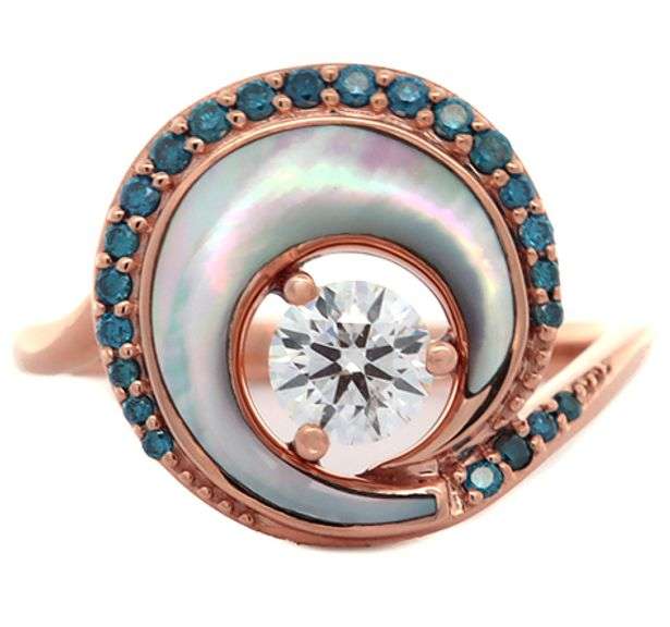 Na Hoku 0.70ctw White and Irradiated Blue Diamond with Mother of Pearl Wave Ring in 14K