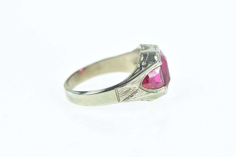 10K White Gold Art Deco Syn. Ruby Engraved Vintage Ring