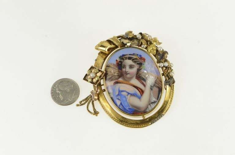 14K Yellow Gold Victorian Painted Lady of the Harvest Pin/Brooch