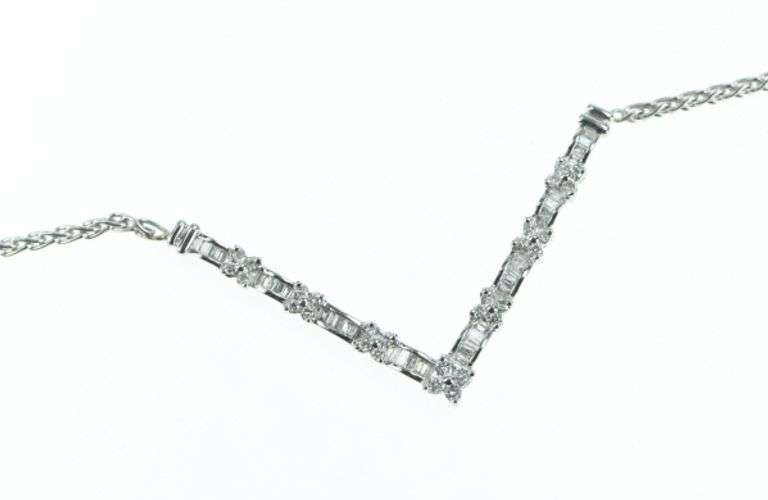 14K White Gold 1.50 Ctw Diamond Chevron Wheat Chain Necklace