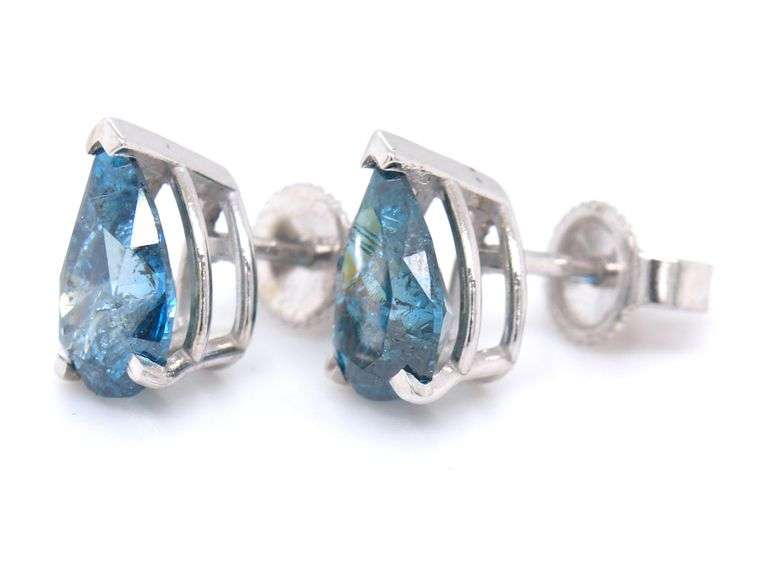 14kt White gold 2.06ctw Irradiated blue diamond pear shaped stud earrings