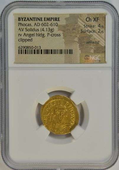 Great Byzantine Gold Solidus of Emperor Phocas, 602-610 AD. NGC Choice XF