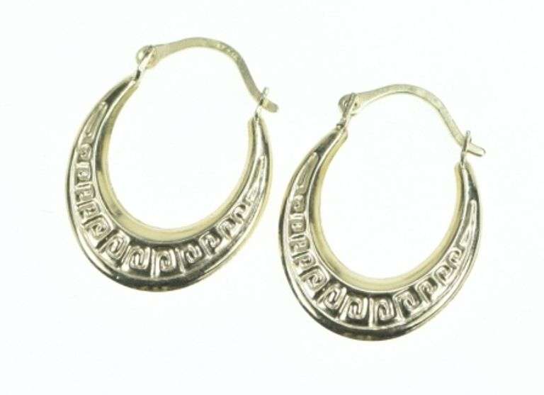 14K Yellow Gold 21.1mm Oval Greek Wave Pattern Hoop Earrings