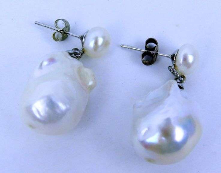 Sterling Big Baroque Pearl Dangly Earrings
