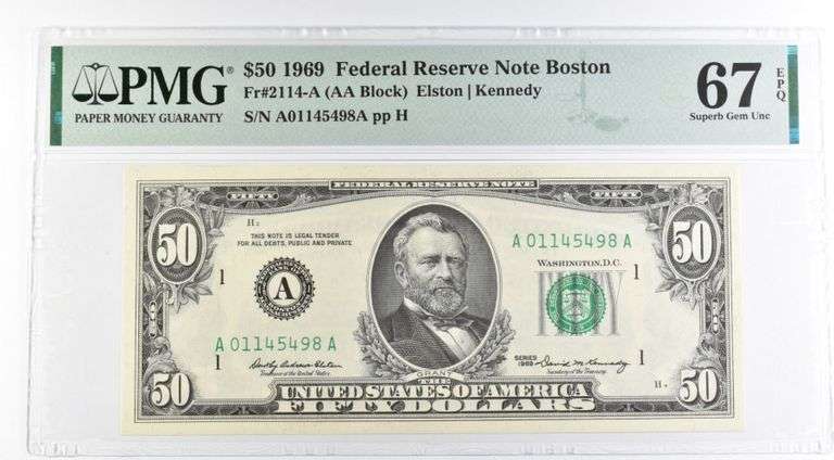 1969 $50 Boston MA US FRN Fr#2114-A 67 Superb Gem Unc EPQ PMG