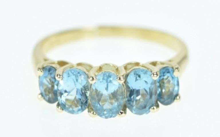 14K Yellow Gold Five Stone Blue Topaz Vintage Classic Ring