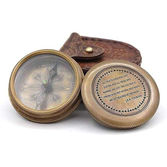 Voyager Antique Brass Compass with Imprinted Leather Case