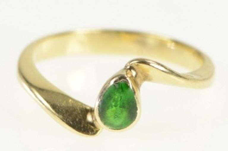 14K Yellow Gold Natural Emerald Pear Bezel Set Bypass Ring