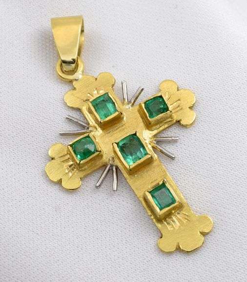 Beautiful 18K YG Cross with Emeralds