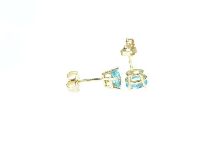 14K Yellow Gold Oval Faceted Blue Topaz Solitaire Stud Earrings