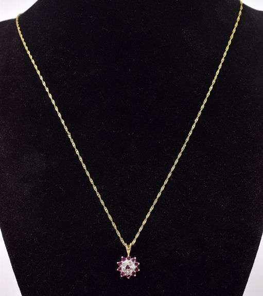 Stunning 14K Yellow Gold Flower Pendant Necklace with Ruby and Diamond Gemstones