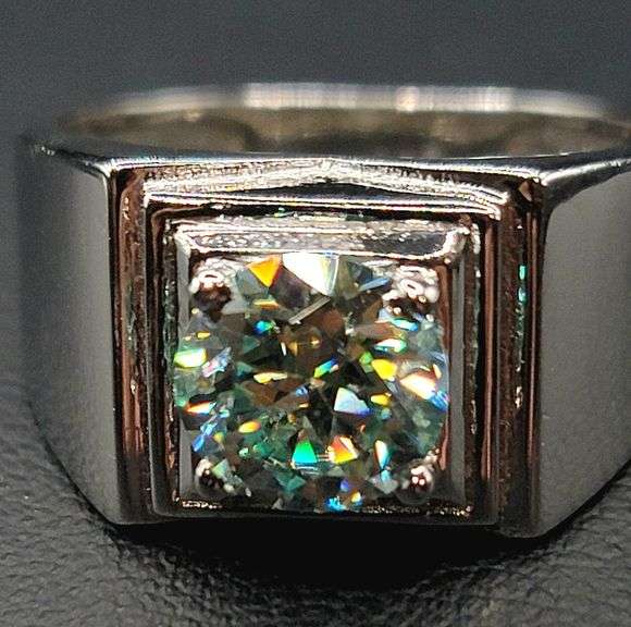 14 Kt White Gold Plate Men's Sparkling 2.35 Ct Mint Green Fire Moissanite Ring