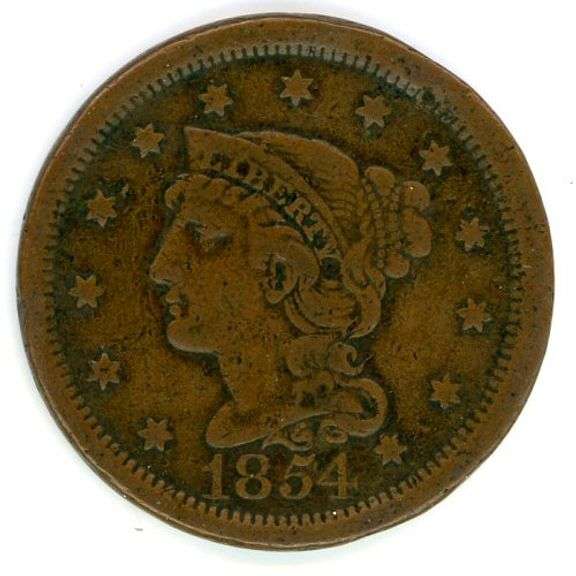 1854 Braided Hair Large Cent in VG+