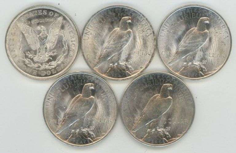 5 Different bright-white Choice BU Silver Dollars from 1921 to 1925