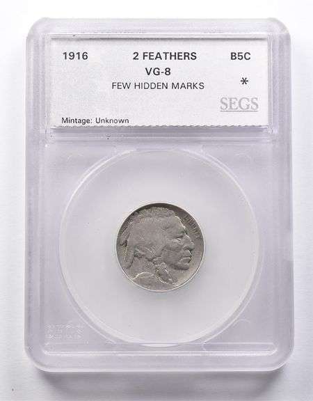 VG8 1916 Indian Head Buffalo Nickel 2 Feathers SEGS