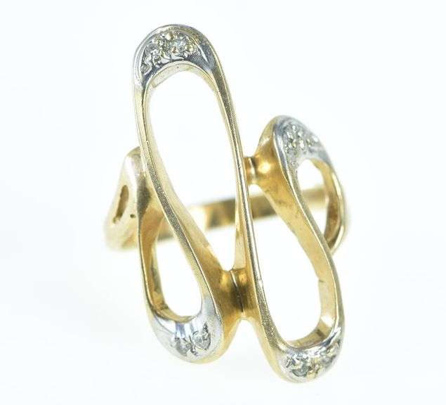 10K Yellow Gold Wavy Diamond Freeform Statement Ring