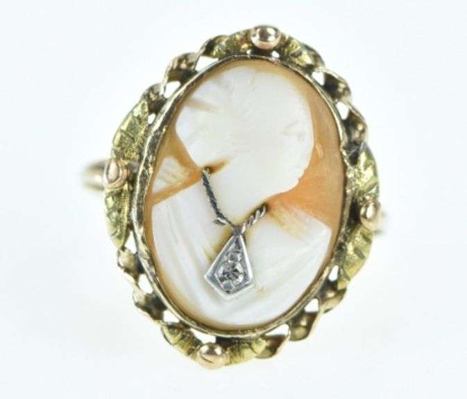 10K Yellow Gold Diamond Necklace Carved Lady Cameo Ring