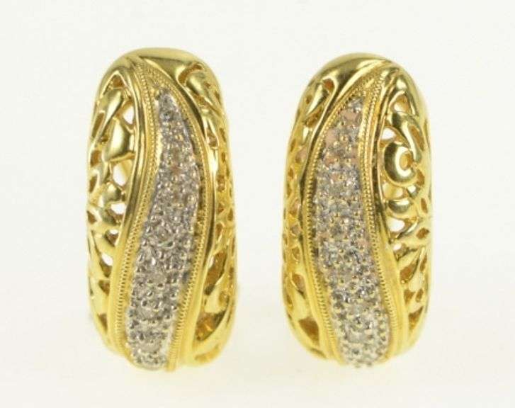14K Yellow Gold Scroll Filigree Diamond French Clip Earrings