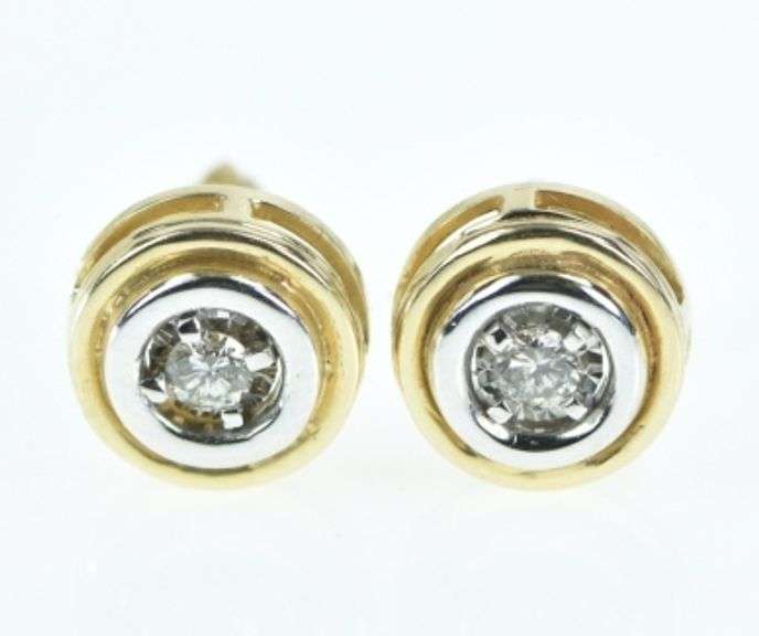 14K Yellow Gold 0.20 Ctw Diamond Two Tone Circle Stud Earrings