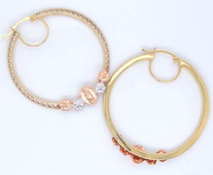 14kt Yellow gold religious hoop earrings