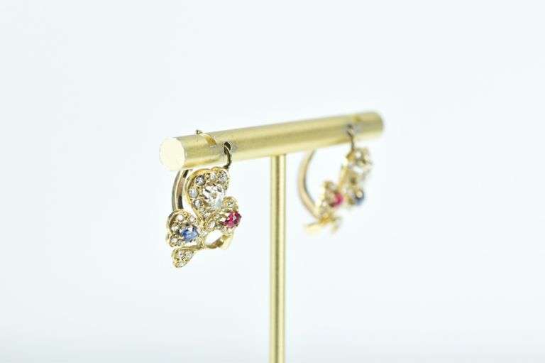 14K Yellow Gold 2 Ctw Victorian Diamond Ruby Sapphire Earrings