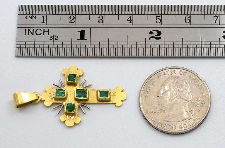 Beautiful 18K YG Cross with Emeralds
