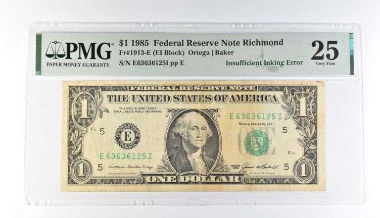 PMG 25 VF $1 1985 FRN Richmond Fr#1913-E Insufficient Inking Error