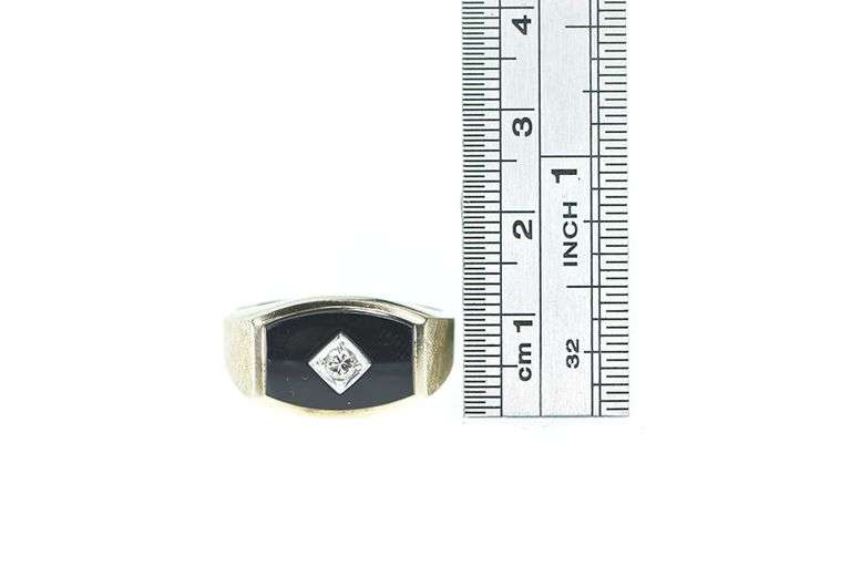 10K Yellow Gold Squared Black Onyx Diamond Men's Ring