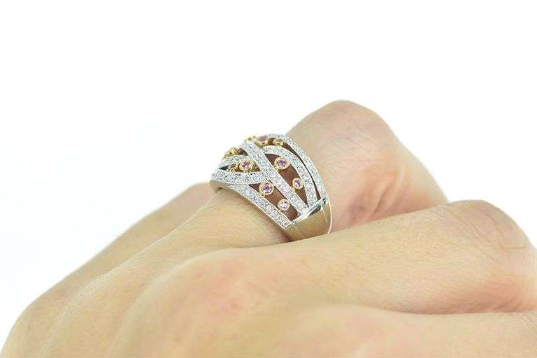 14K White Gold Wavy Diamond Pink Sapphire Curvy Ring