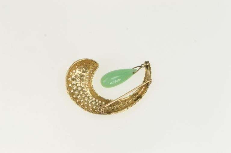 14K Yellow Gold Jadeite Drop Dangle Woven Domed Swirl Pin/Brooch