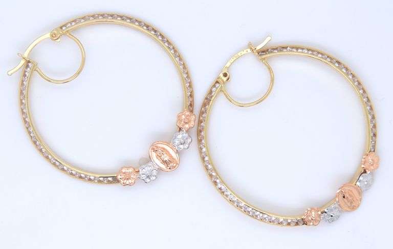 14kt Yellow gold religious hoop earrings