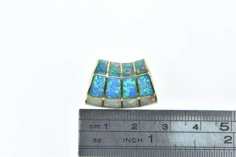 14K Yellow Gold Tri Color Syn. Opal Inlay Curved Slide Pendant