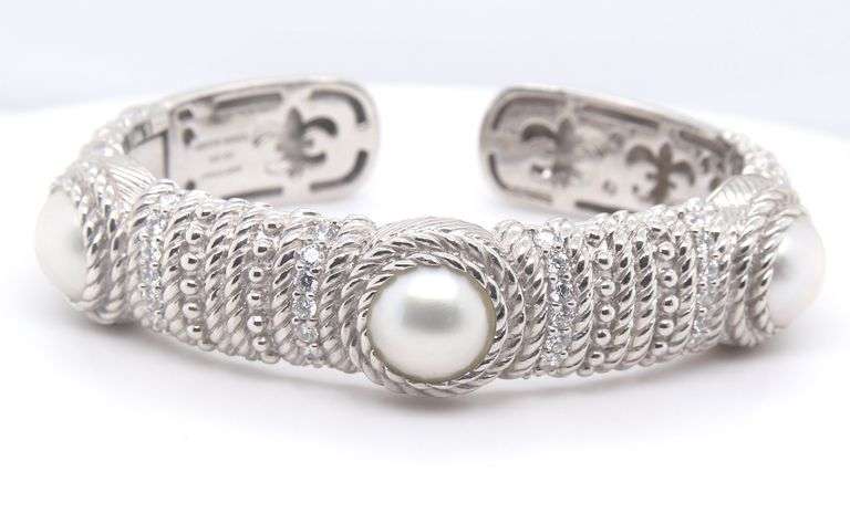 Judith Ripka sterling silver signed pearl cuff bracelet