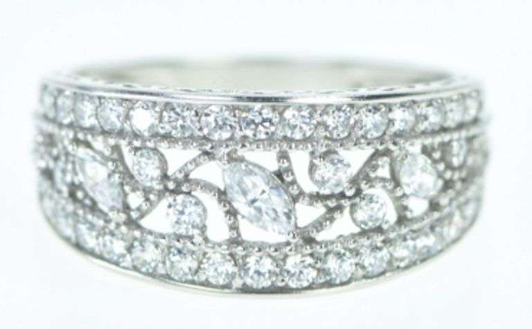 14K White Gold Vintage Vine Milgrain Leaf CZ Band Ring