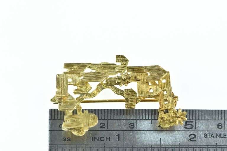 18K Yellow Gold Abstract Grooved House Village Windmill Pin/Brooch