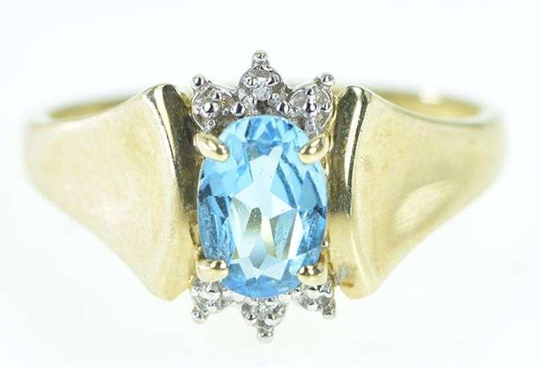 10K Yellow Gold Oval Blue Topaz Diamond Accent Ring