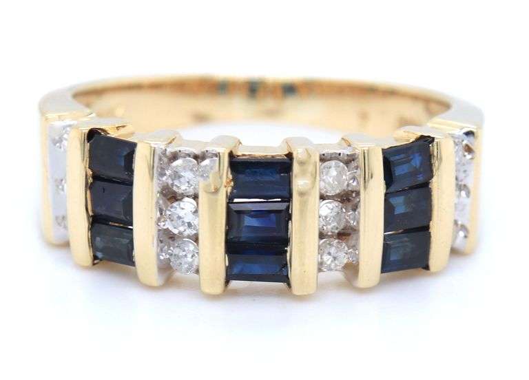 14kt Yellow gold 9 stone single cut diamond and baguette blue sapphire band