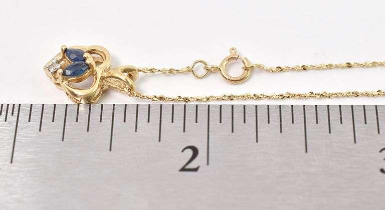 Lovely 14K Yellow Gold Heart Pendant with Blue Sapphire and Diamond Gemstones