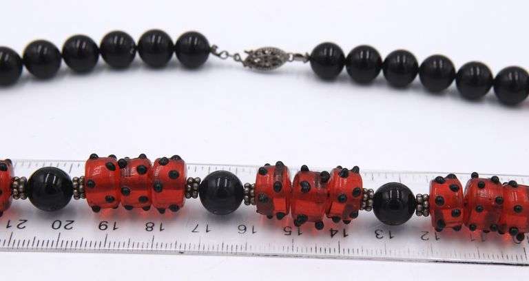 Black onyx and glass necklace with matching dangle earrings