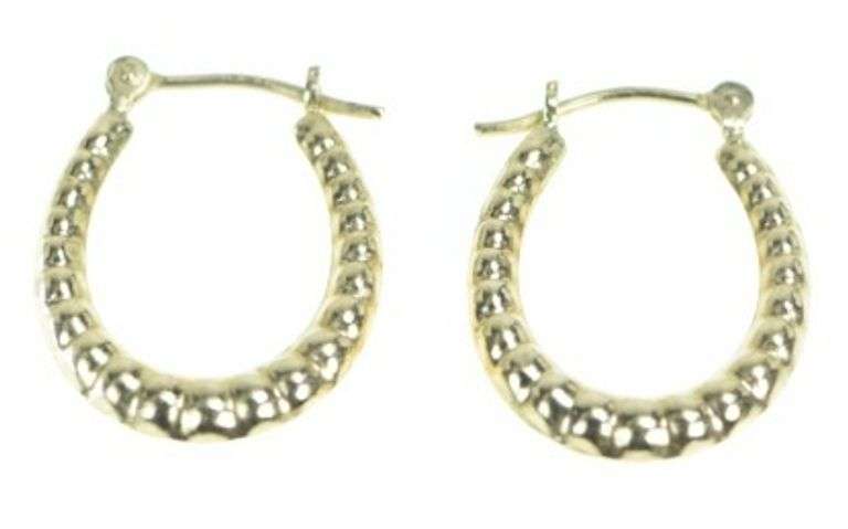 14K Yellow Gold 19.5mm Scalloped Puffy Hoop Vintage Earrings