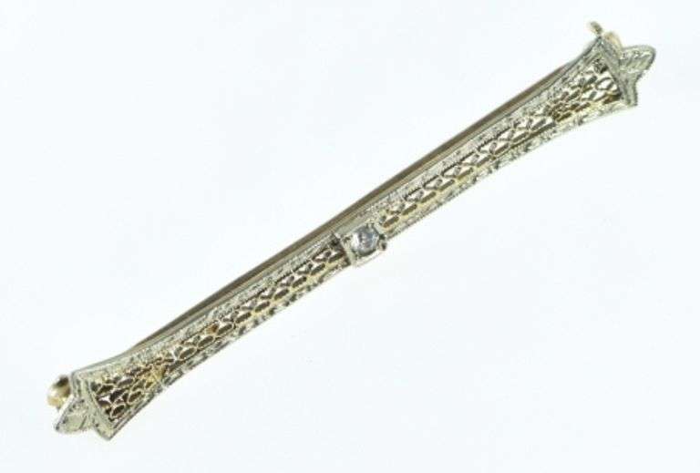 10K Yellow Gold Art Deco Filigree Diamond Ornate Bar Pin/Brooch