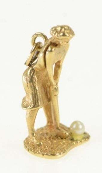14K Yellow Gold Woman Golfing Solitaire Pearl Vintage Charm/Pendant