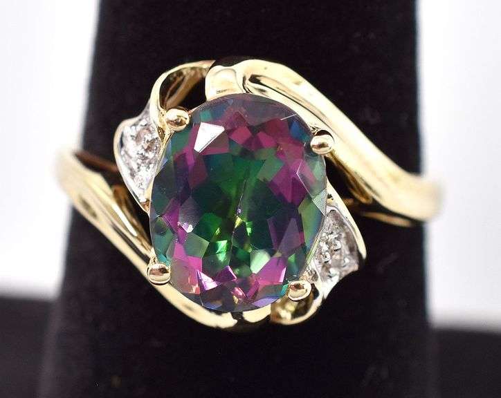 Perfect 10K Yellow Gold Mystic Topaz and Diamond Ring