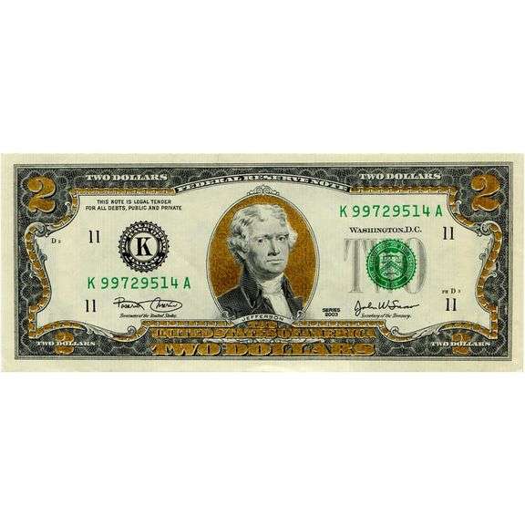 Special Edition 22k Gold Layered Uncirculated Two Dollar Bill