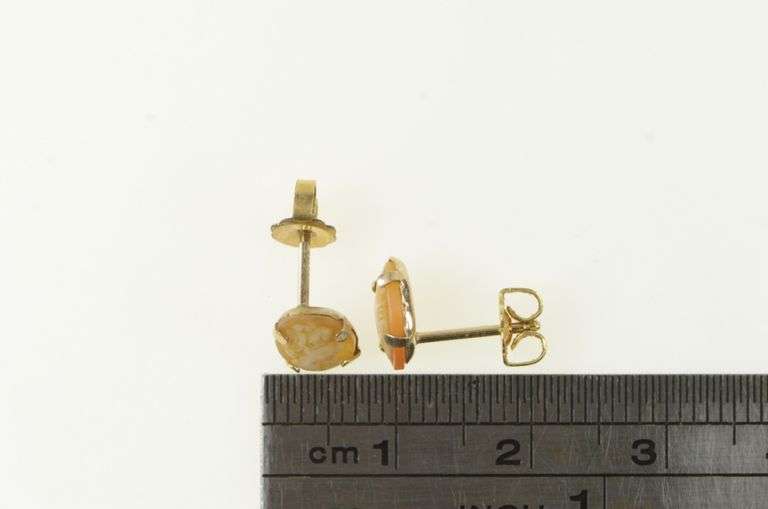 14K Yellow Gold Inset Cameo Women Vintage Stud Earrings